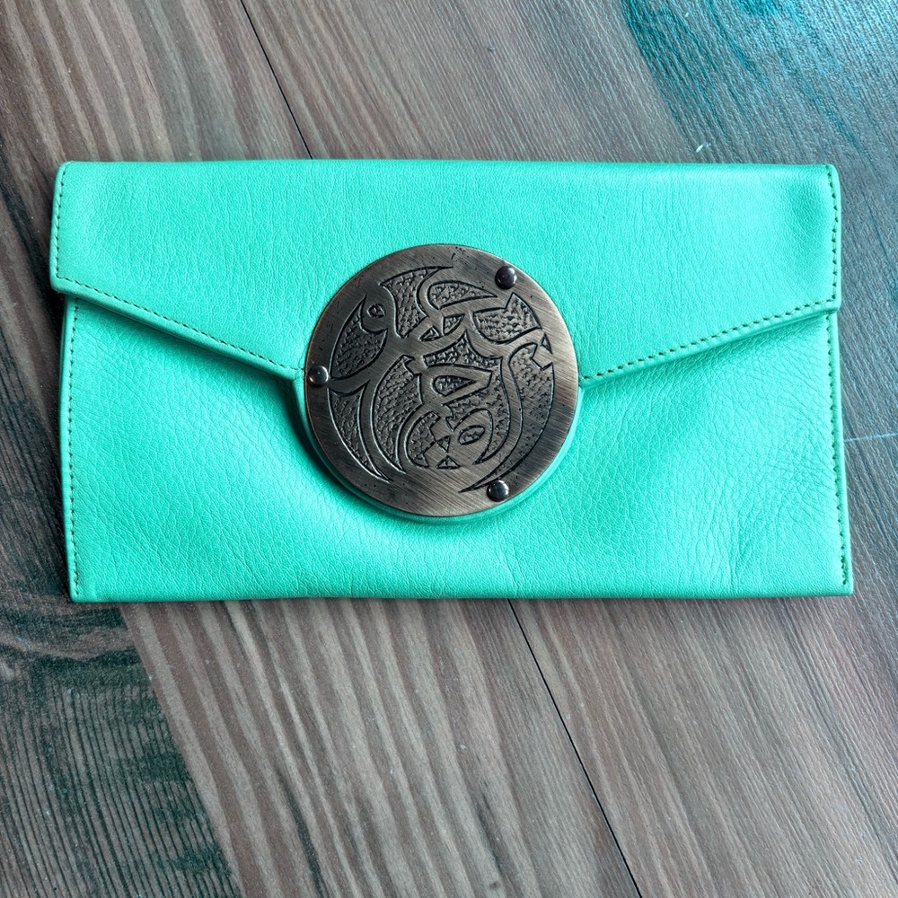 Dareen Hakim Mint Green Leather Clutch with Gold Accent